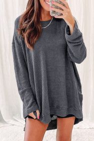 Gray Waffle Knit Drop Sleeve Side Slits Oversized Top (size: (US 12-14)L)