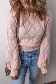 Gossamer Pink Openwork Plaid Puff Sleeve Cropped Sweater (size: (US 12-14)L)