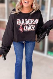 Black GAME DAY Rugby Sequin Tassel Cropped Sweatshirt (size: (US 20-22)2XL)