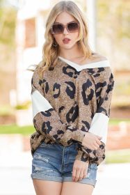 Multicolor Leopard V Neck Patchwork Long Sleeve Top (size: (US 12-14)L)