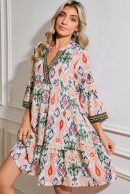Multicolour Abstract Print Bell Sleeve Tiered Mini Dress (size: (US 12-14)L)