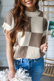 Khaki Checkered Color Block Crew Neck Short Sleeve Sweater (size: (US 12-14)L)