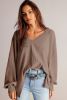 Coffee Waffle V Neck Drop Shoulder Loose Top
