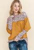 Orange Leopard Print Waffle Knit Patchwork Top
