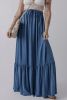 Sail Blue Solid Color Lace Up High Waist Tiered Maxi Skirt