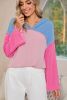 Pink Color Block Patchwork Corded Ribbed Loose Fit Hoodie