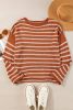 Brown Stripe Casual Round Neck Drop Shoulder Sweater