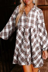 White Plaid Bubble Sleeve Flowy Shirt Dress (size: (US 20-22)2XL)