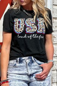 Black Leopard USA land of the free Slogan Graphic T Shirt (size: (US 18-20)2XL)