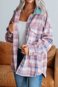 Pink Plaid Print Color Block Collared Flap Pockets Loose Shacket (size: (US 20-22)2XL)