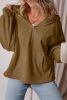Brown Half Zipper Kangaroo Pockets Drop Shoulder Hoodie