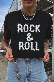 Black ROCK & ROLL Beaded Crew Neck Graphic Tee (size: (US 18-20)2XL)