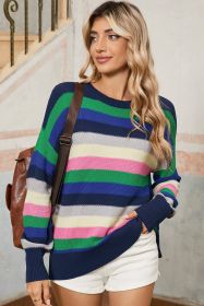 Bright Green Rainbow Striped Round Neck Drop Sleeve Sweater (size: (US 12-14)L)