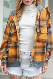 Orange Plaid Patchwork Frayed Trim Snap Button Hooded Jacket (size: (US 12-14)L)
