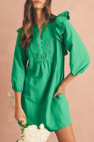Bright Green Embroidered Ruffle Trim 3/4 Sleeve V Neck Mini Dress (size: (US 12-14)L)