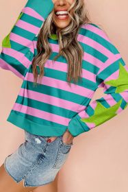Pink Stripe Star Patchwork Round Neck Pullover Sweatshirt (size: (US 12-14)L)