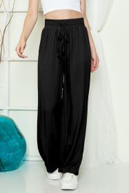 Black Plain Drawstring Shirred Elastic Waist Wide Leg Pants (size: (US 42)L)