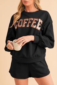 Black Sequins COFFEE Loose Fit Sweatshirt and Shorts Set (size: (US 12-14)L)