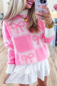 Pink Sweet Bow Two Tone Checkered Sweater (size: (US 12-14)L)