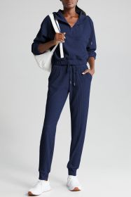 Navy Blue Ribbed Knit Cropped Hoodie and Drawstring Joggers Set (size: (US 20-22)2XL)