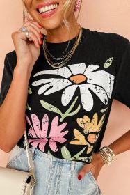 Black Casual Retro Floral Graphic Crew Neck T Shirt (size: (US 18-20)2XL)