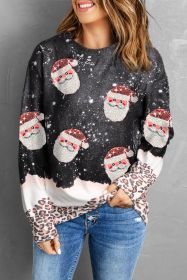 Black Leopard Sequined Santa Claus Graphic Sweatshirt (size: (US 18-20)2XL)
