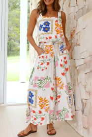 White Square Neck Tank & Wide Leg Pants Boho Floral Set (size: (US 12-14)L)