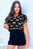 Black Preppy Bow Print Zipped Collar Knit Top