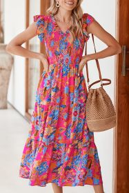 Rose Red Boho Floral V Neck Ruffle Tiered Long Dress (size: (US 12-14)L)
