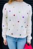 Beige Sequin Heart Pattern Round Neck Knit Sweater