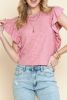 Pink Ruffle Sleeve Crewneck Ribbed Crop Top