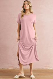 Pink Solid Color Hidden Pocket V Neck Slit Maxi Dress (size: (US 12-14)L)