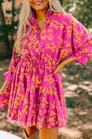 Pink Floral Print Drawstring Flowy Short Dress (size: (US 12-14)L)