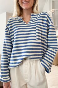 Sky Blue Stripe Pocket Buttoned Back Notched V Neck Top (size: (US 12-14)L)