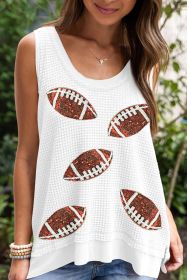 White Waffle Knit Sequin Rugby Graphic Tank Top (size: (US 12-14)L)