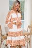 Orange Boho Geometric V-Neck Frill Tiered Mini Dress
