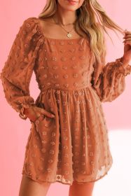 Orange Swiss Dot Square Neck Long Sleeve High Waist Romper (size: (US 12-14)L)