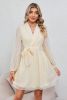 Apricot Textured Wrap V Neck Waist Belted Long Sleeve Dress