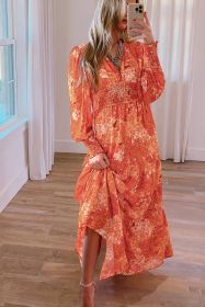 Orange Boho Floral Bishop Sleeve V Neck Tiered Maxi Dress (size: (US 12-14)L)