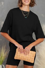 Black Ribbed Knit Drop Shoulder T Shirt & Shorts Two Piece Shorts Sets (size: (US 12-14)L)