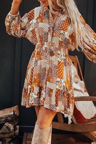 Orange Boho Floral Puff Sleeve Smocked Waist Mini Shirt Dress (size: (US 12-14)L)