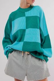 Green Checkered Side Slits Drop Shoulder Oversized Sweater (size: (US 20-22)2XL)