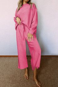 Strawberry Pink Textured Loose Slouchy Long Sleeve Top and Pants Set (size: (US 18-20)2XL)