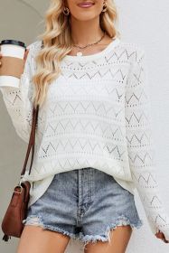 White Knit Hollow Out Round Neck Long Sleeve Top (size: (US 12-14)L)