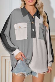 Gray Colorblock Patchwork Ribbed Oversized Henley Sweatshirt (size: (US 12-14)L)