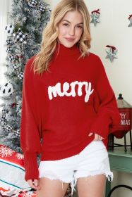 Red Turtle Neck Batwing Sleeve Merry Christmas Sweater (size: (US 20-22)2XL)