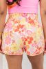 Orange Retro Floral Shirred High Waist Athletic Shorts