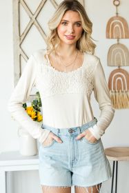 Beige Lace Contrast Casual Long Sleeve Top (size: (US 18-20)2XL)