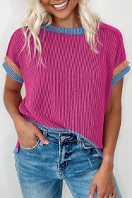 Bright Pink Textured Contrast Color Round Neck T Shirt (size: 1-2-2-2)