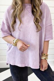 Orchid Petal Mineral Wash Drop Sleeve Patchwork Plus Size Tee (size: (US 14W-16W)1X)